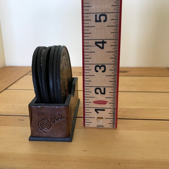 Peru Llama Village Tooled Leather Coasters Set of 6 with Holder Sun God Inti - Picture 4 of 5